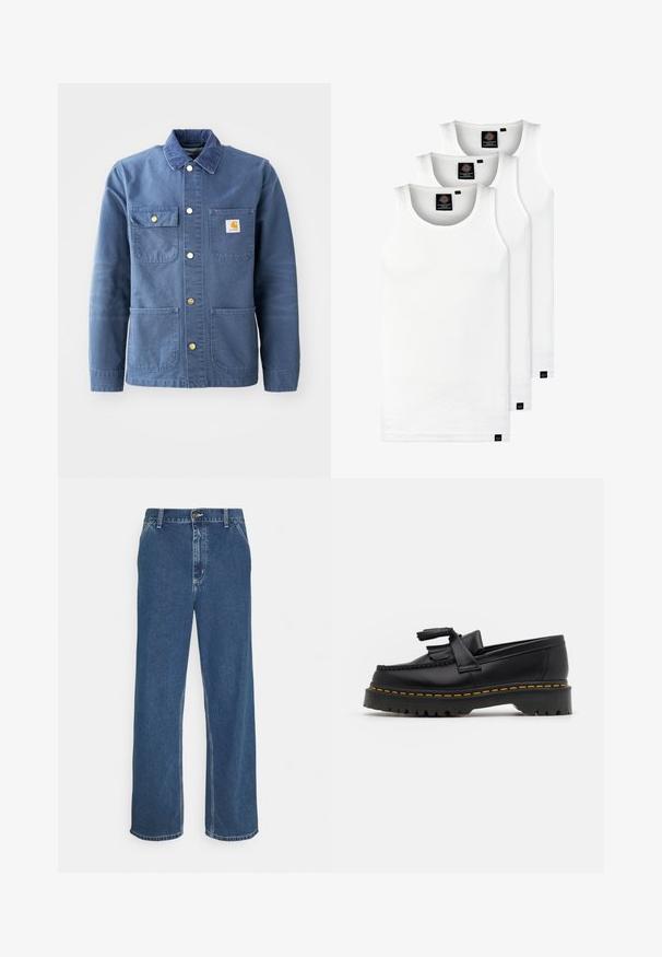 Modra džins jakna s usnjenim ovratnikom, sprednjim gumbom, štirimi žepi in kvadratno logotipno nalepko na levem prsnem delu.; Tri bele rebraste majice brez rokavov iz bombaža. Imajo okroglo izreza in majhne črne etikete blizu roba. Na voljo v več velikostih.; Modre džins hlače s ravnim krojem, zasnovo petih žepov, s kovinsko zaponko in vidno šivom vzdolž šivov in roba.; Črne usnjene loafersice s kaširanim naglasom, z debelim črnim podplatom in rumenim šivom ob robu. Teksturirana površina.