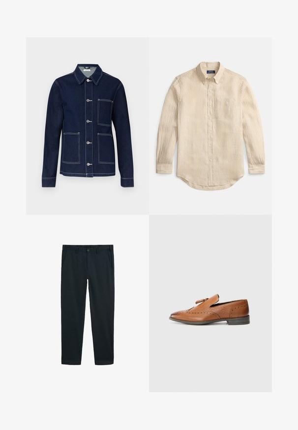 Dunkelblaue Jeansjacke mit durchgehender Knopfleiste, spitzem Kragen, vier aufgesetzten Taschen und kontrastierenden weißen Nähten an den Nähten.; Beige, langärmeliges Hemd mit Knöpfen, weißen vertikalen Streifen, Knopfleiste am Kragen, Brusttasche und "Polo Ralph Lauren"-Etikett im Kragen.; Dunkelmarineblaue Chinos aus einem Baumwollmix, mit flachem Bund, zwei Seitentaschen und einer Gesäßtasche. Klassisches gerades Bein Design.; Braunes Leder-Schuh mit durchbrochener Dekoration, strukturierten Seiten, flacher Sohle und einer dekorativen Schleife an der Oberseite. Klassisches Design mit einer glatten Oberfläche.