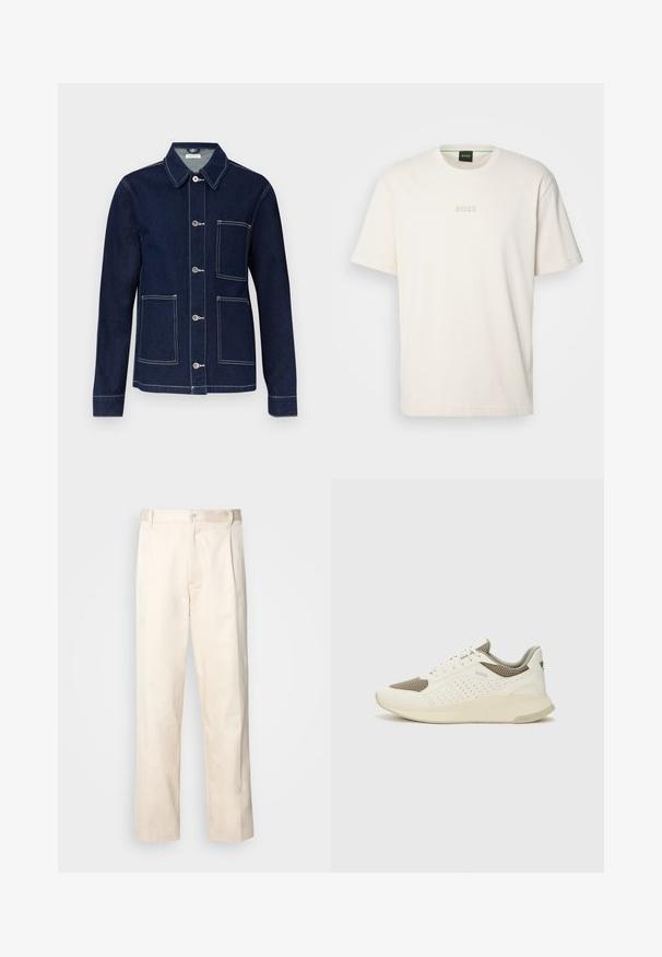Jachetă din denim închisa la culoare, cu închidere cu nasturi în față, guler ascuțit, patru buzunare aplicate și cusături albe contrastante pe șanțuri.; BOSS TEE - Tricou basic - open white; Pantaloni din bumbac bej, cu croială dreaptă, dotati cu închidere cu nasture și pliuri în față pentru un plus de detaliu.; Tenis sportivi alb și bej deschis, cu un înveliș din plasă, detalii perforate și o talpă intermediară texturată, având marcaj pe călcâi.