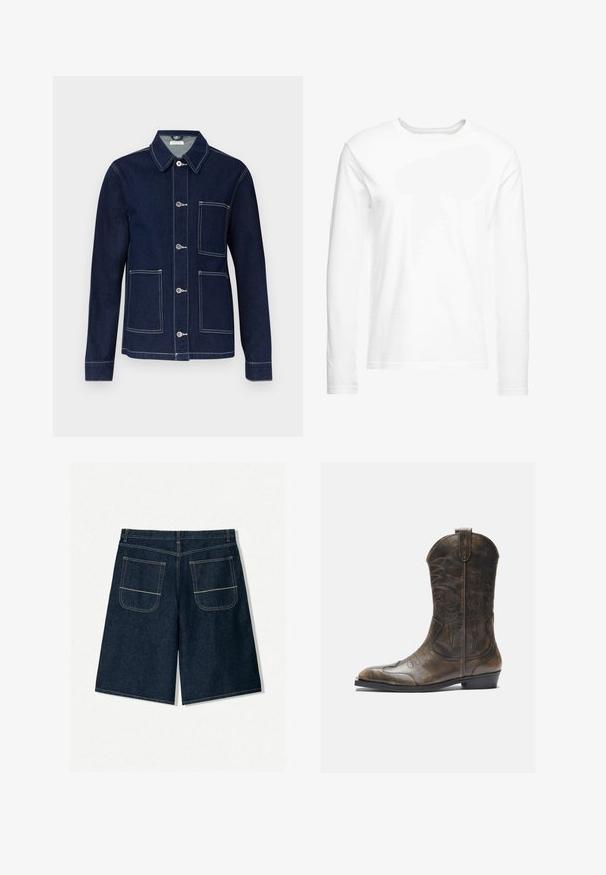 Tmavě modrá džínová bunda s knoflíkovým zapínáním, špičatým límcem, čtyřmi našitými kapsami a kontrastním bílým stehem na švech.; Bílá dlouhá tričko s dlouhým rukávem vyrobené z jemné bavlny. Kulatý výstřih se rovnými lemy a bez viditelných vzorů či grafik.; Košile s krátkým rukávem, která má světle modré a bílé proužky, s výrazným červeným grafickým designem obsahujícím hvězdu a kruhové tvary.; Tmavě modré džíny šortky s volnějším střihem, které mají dvě zadní kapsy s kontrastním švem. Rovný střih a délka ke kolenům.; Hnědé kožené kovbojské boty s vysokým sálem, špičatou špičkou, složitými vyšívanými vzory a malým podpatkem. Texturovaný povrch po celé délce.
