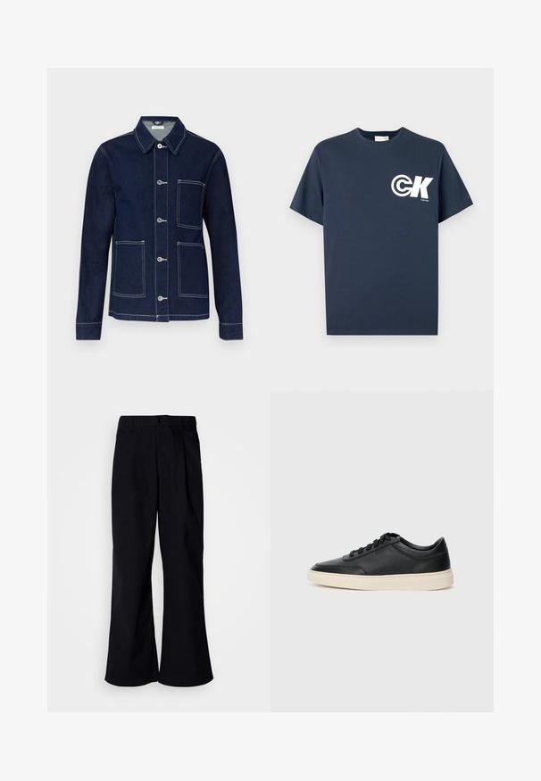 Tume denimpusa, millel on nööpidega esi, terav krae, neli kottmustriga taskut ja kontrastsed valged õmblused õmblustes.; Tumesinine lühikeste varrukatega ümara kaelusega T-särk, millel on valge CK logo ja vasakul rinnal kiri "Calvin Klein".; Mustad laiad püksid puuvillast, ees voldiga, nupuga kinnitamine ja vöökohaga, sile tekstuur ning ilma nähtavate mustriteta.; Mustad musta nahast madal sneaker mustade nööpidega ja kreemivalge tallaga, nähtud külgprofiilis valge tausta ees.