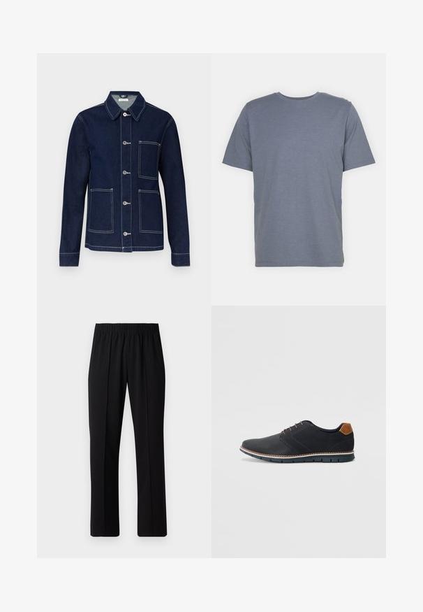 Sötét farmerdzseki gombos elülső résszel, hegyes gallérral, négy rakott zsebbel és kontrasztos fehér öltésekkel az illesztéseken.; Szürke, rövid ujjú póló, kerek nyakkal, puha pamut keverékből készült. Egyszerű dizájn, minta vagy díszítés nélkül.; Fekete, gumíros derekú nadrág egyenes szabással, sima felülettel, látható minták vagy fémrészek nélkül.; Fekete szintetikus cipők, textúrált felsőrésszel, sima díszítésekkel, barna sarkával és kontrasztos talppal. Minimális fűzéssel és varrási részletekkel rendelkezik.
