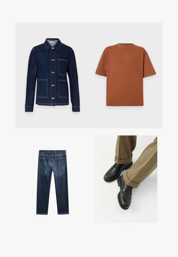 Dark denim jacket featuring a button-up front, pointed collar, four patch pockets, and contrasting white stitching on the seams.; Brown cotton t-shirt with a round neck, short sleeves, and a relaxed fit. The fabric has a soft texture and minimal seams.; Dark blue denim jeans with a straight-leg cut, five pockets, and contrasting stitching. Features a clean waistband and hemline.; Black leather dress shoes with a smooth finish, featuring laces and a rounded toe, paired with rolled-up khaki trousers.
