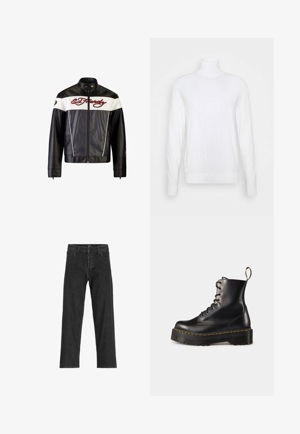 Svart läderjacka med vita och grå paneler, med röd broderad logotyp på bröstet och en rund patch på ärmen. Dragkedjestängning.; Vit polotröja med långa ärmar, tillverkad av slät tyg. Har en figurnära design och ribbade ärmslut och nederkant. Ingen mönster eller detaljer.; Svarta denimjeans med rak passform, featuring dragkedja, bälteslöljer och sex fickor, tillverkade av en kraftig bomullsblandning.; Svarta läder snörade anklar med en kraftig svart sula och gul söm. Har en dragflik baktill och runda metallöglor.