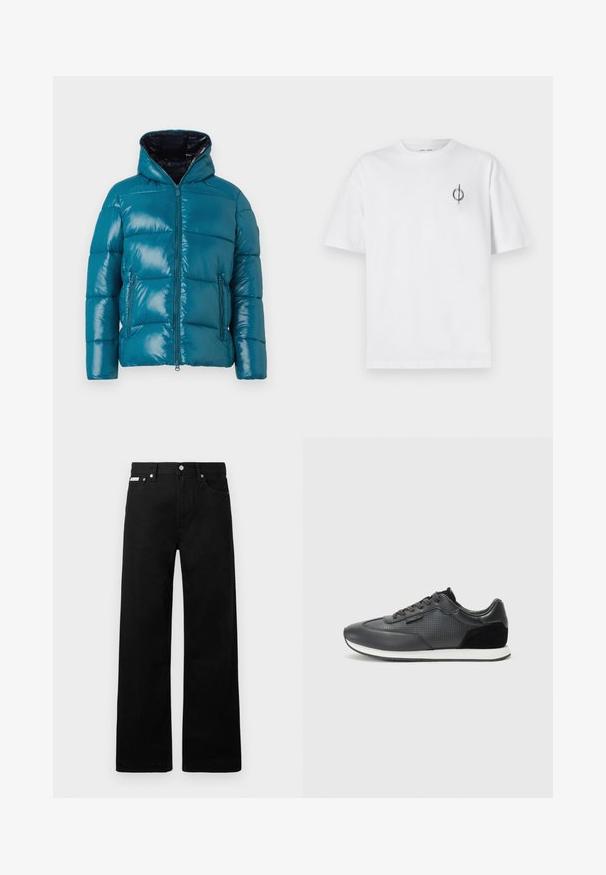 Svetlomodrá nafukovacia bunda so lesklým povrchom, kapucňou, zipsom a dvoma bočnými vreckami. Prešívaný dizajn so šitými panelmi po celom obvode.; Biela bavlnená tričko s voľným strihom, s malým čiernym grafickým logom na ľavej strane hrudníka. Krátke rukávy, okrúhly výstrih.; Čierne džínsy s širokými nohavicami, obsahujúce päť vreciek a kovové zapínanie. Hladká textúra, bez viditeľných vzorov.; Čierne športové tenisky s koženým zvrškom a perforovanými detailmi, zamšovými akcentmi a bielou gumovou podrážkou. Klasický dizajn na šnurovanie.