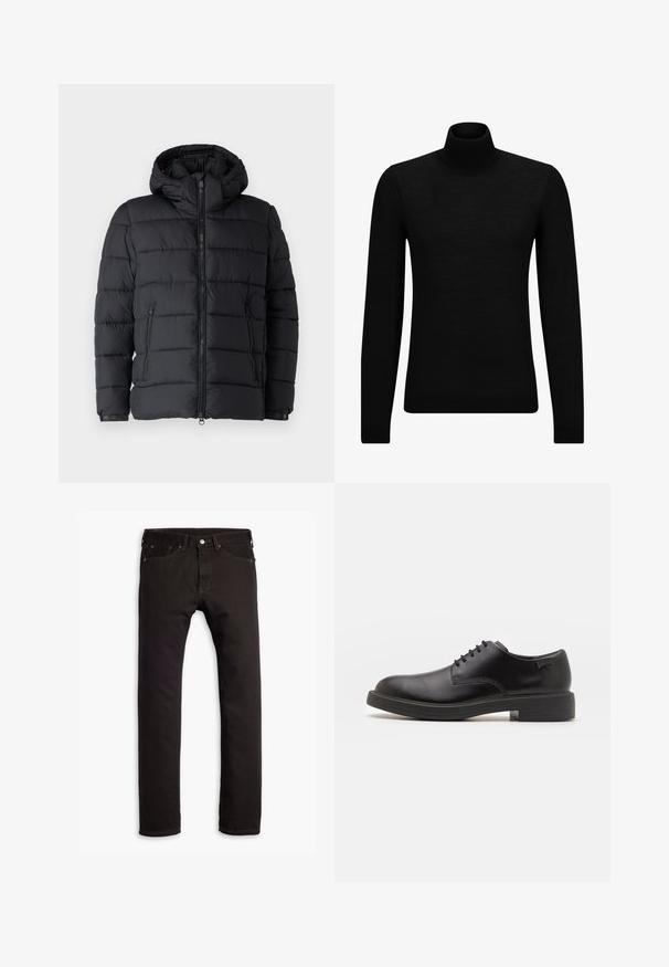 Czarna kurtka puchowa z kapturem, poziomym pikowaniem, dwoma kieszeniami na zamek i zapięciem z przodu na zamek błyskawiczny. Gładka tekstura.; Czarny sweter z golfem wykonany z miękkiego materiału, z długimi rękawami i dopasowanym krojem. Żebrowane wykończenie na dolnym brzegu i mankietach. Prosty design.; Czarne dżinsy slim fit z pięcioma kieszeniami i zapięciem na guzik, wyłożone płasko na białym tle.; Czarny skórzany but za kostkę z okrągłym noskiem, gładką fakturą, minimalnym przeszyciem i niskim gumowym obcasem. Logo na pięcie.