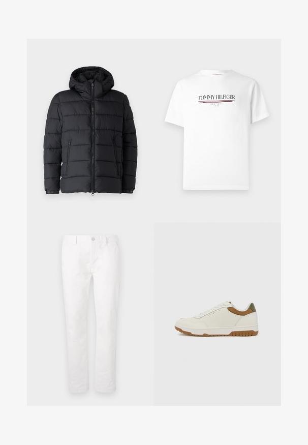 Must mustastekiga jope, millel on kapuuts, horisontaalne tikandi disain, kaks lukuga taskut ja eesmine lukuga sulgur. Sujuv tekstuur.; Valge puuvillane t-särk, millel on must "TOMMY HILFIGER" logo punase aktsentjoonega, ümmargune kaelus ja lühikesed varrukad.; Valged puuvillased püksid sirge säärega disainiga, millel on nupplukustus, vöökohad ja nähtavad mustrid või aktsendid puuduvad.; Tommy Hilfiger BASKET CORE - Tossud - ecru/army green