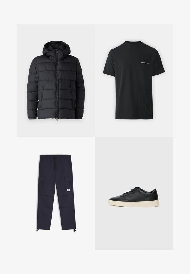 Musta puffatakki, jossa on hattu, vaakasuora tikkauskuvio, kaksi vetoketjullista taskua ja etuvetoketjusuljenta. Sileä pinta.; Musta puuvillapaita, jossa on klassinen pyöreä kaula-aukko, lyhyet hihat ja kaksi pientä valkoista "SAMSØE"-logoa vasemmassa rinnassa.; Navy cargo-housut, jotka on valmistettu kevyestä kankaasta. Niissä on joustava vyötärö, kiristysnyöri, useita taskuja ja nilkkavetoketjut.; Musta matalavartinen nahkastretchu, jossa on mustat nauhat ja vaaleanharmaa pohja, esitetty sivuprofiilissa valkoista taustaa vasten.