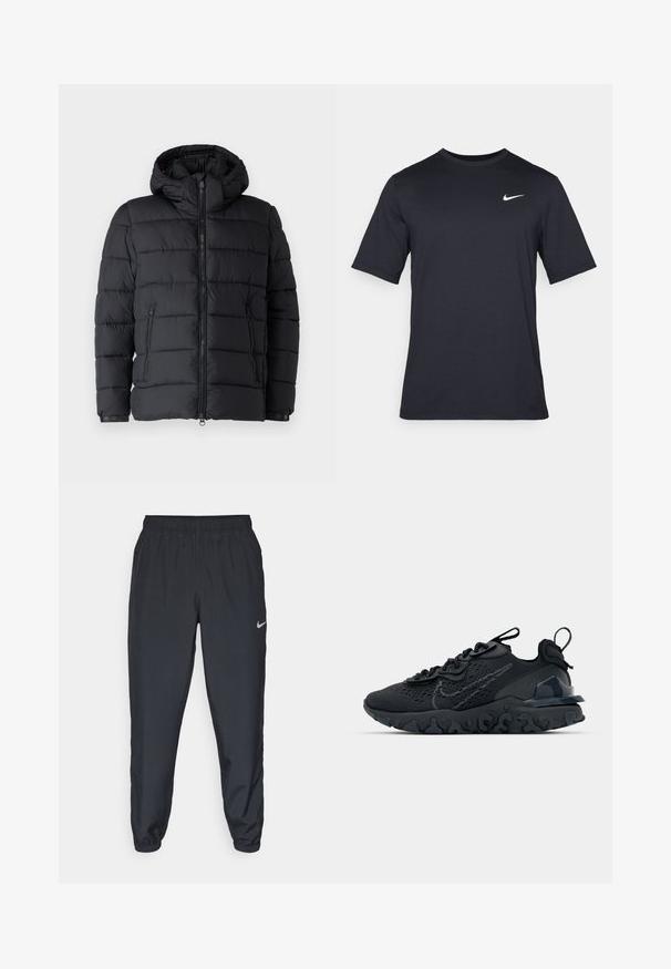 Giubbotto imbottito nero con cappuccio, design a righe orizzontali, due tasche con zip e chiusura frontale con zip. Texture liscia.; T-shirt Nike nera a maniche corte realizzata in tessuto morbido, con il logo bianco dello swoosh nella parte superiore sinistra, colletto girocollo.; Pantaloni da jogging neri realizzati in tessuto leggero con cintura elastica, polsini alla caviglia e un logo Nike discreto sul lato sinistro.; Scarpa sportiva nera con tomaia in mesh traspirante, dettagli testurizzati e suola in gomma ondulata. Presenta un logo riflettente e un sistema di allacciatura.