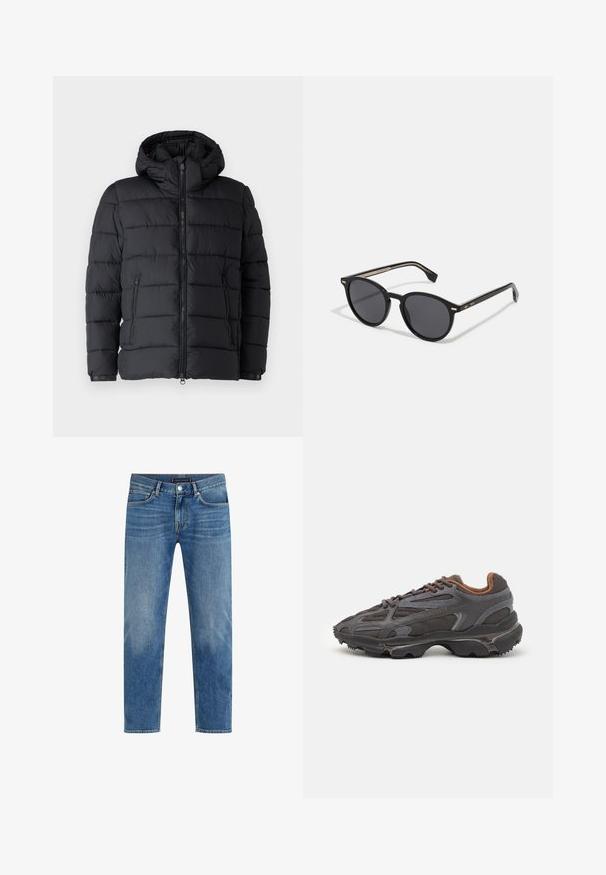 Čierna pufi bunda s kapucňou, horizontálne prešívaným dizajnom, dvoma zipsovými vreckami a predným zipsom. Hladká textúra.; Červené bavlnené tričko s krátkymi rukávmi, okrúhlym výstrihom a malým logom na ľavej hrudi. Hladká textúra a bežný strih.; Svetlo modré denimové džiny s rovnými nohavicami, vyblednutý vzhľad, päť vreciek, kontrastný šev a predné zapínanie na gombík.; Lacoste tenisky v tmavo sivej farbe z nylonu a syntetického materiálu, s textúrovanou podrážkou a hnedými akcentami na golieri a brandingu.; BOSS Slnečné okuliare - black
