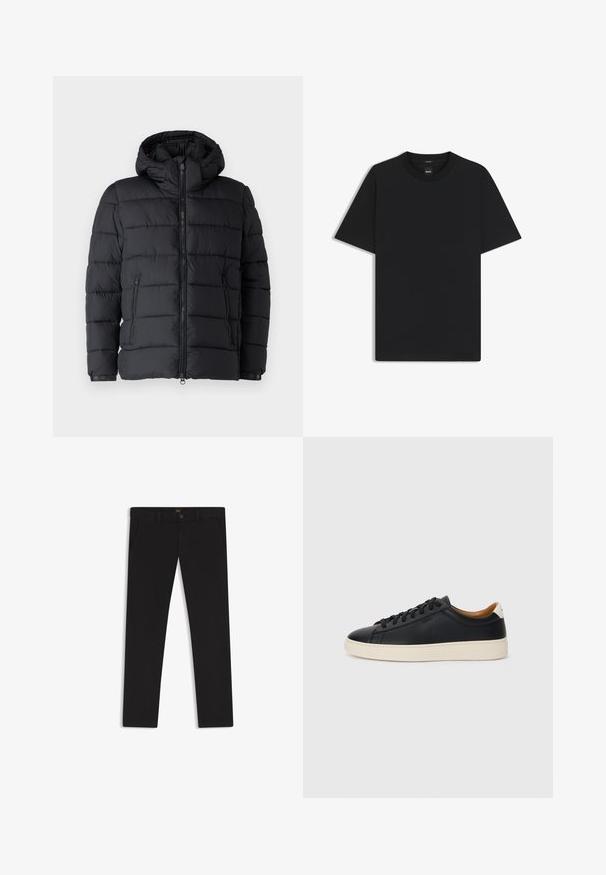 Sort pufferjakke med hætte, horisontalt quiltet design, to lynlåslommer og lynlås foran. Glat tekstur.; Sort kortærmet T-shirt lavet af en glat bomuldsblanding, med en rund halsudskæring og et minimalistisk design uden mønstre eller accenter.; Sorte bukser lavet af stof med en glat tekstur. Har en knaplukning, bæltestropper og sidelommer. Standard design med lige ben.; Sorte lædersneakers med en glat overflade, beige gummisål, snørebåndsdesign og en kontrastfarvet hæl.