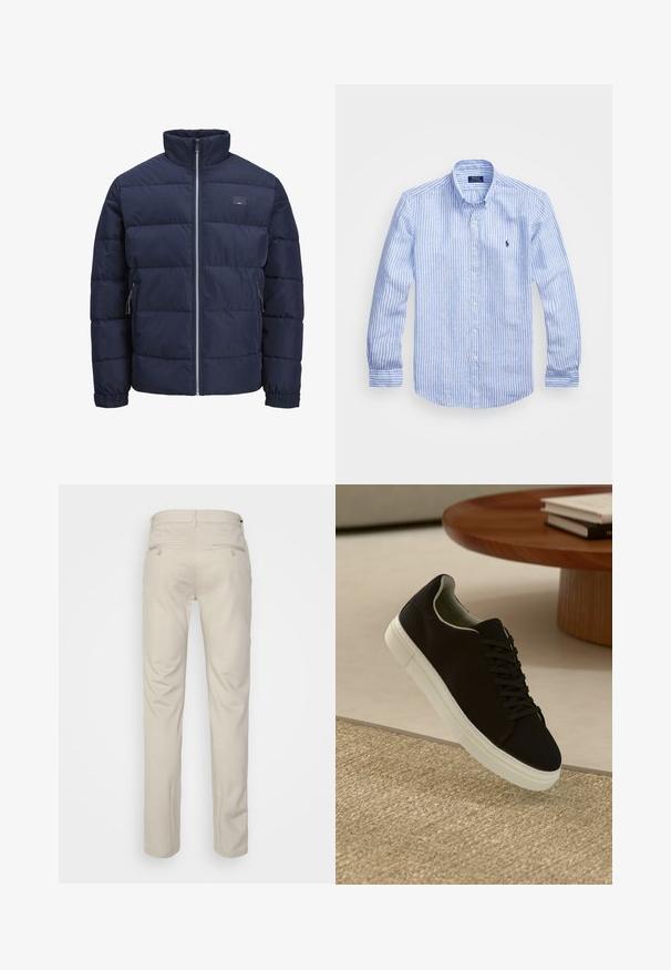 Giacca puffer blu navy con colletto alto, design trapuntato, chiusura frontale con zip e due tasche laterali con zip. Texture morbida e liscia.; Camicia a maniche lunghe a righe bianche e blu in cotone, con colletto button-down, bottoni frontali e un piccolo logo ricamato sul petto.; Pantaloni beige con una texture liscia, taglio dritto, due tasche posteriori con bottoni e vita standard.; Sneaker nero con suola bianca che flotta sopra un tappeto beige testurizzato vicino a un tavolo rotondo in legno con libri impilati.