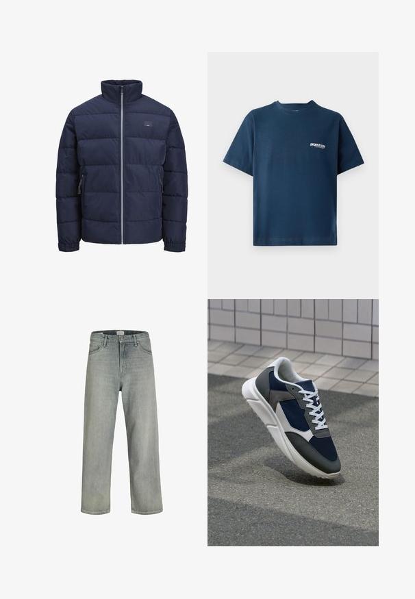 Tamno plava puffer jakna s visokim ovratnikom, kvadratnim dizajnom, prednjim patentnim zatvaračem i dva bočna džepa sa patentnim zatvaračem. Mekana, glatka tekstura.; Tamno plavi pamučni majica s kratkim rukavima i okruglim izrezom. Ima mali bijeli logo na lijevoj strani prsnog područja. Mekana tekstura.; Svijetlosive, široke traperice napravljene od denima. Imaju klasičan dizajn s pet džepova, petlje za remen i ravni kroj nogavica.; Tenisice s gornjim dijelom od mrežastog materijala tamnoplave boje, siva antilopova naglašavanja, bijela gumena potplat i ravne bijele vezice, dizajnirane za udobnost i prozračnost.