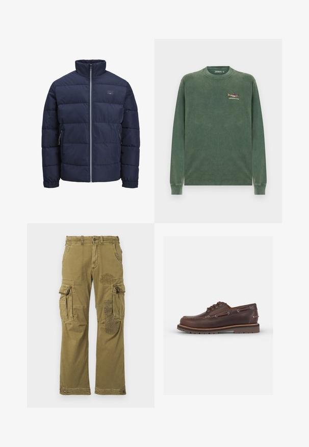 Navy puffer jacket with a high collar, quilted design, front zipper, and two zippered side pockets. Soft, smooth texture.; Green long-sleeve sweatshirt made from soft cotton. Features a small embroidered fish design on the left chest area. Classic crew neck.; Long-sleeve plaid shirt in purple and pink tones, featuring a button-down collar and black buttons, made of soft fabric with a smooth texture.; Olive green cargo pants with multiple pockets, featuring a patterned patch on the right leg and reinforced stitching. Casual fit and fabric texture.; Brown leather boat shoe with a rounded toe, six eyelets, contrasting stitching, and a textured rubber sole.