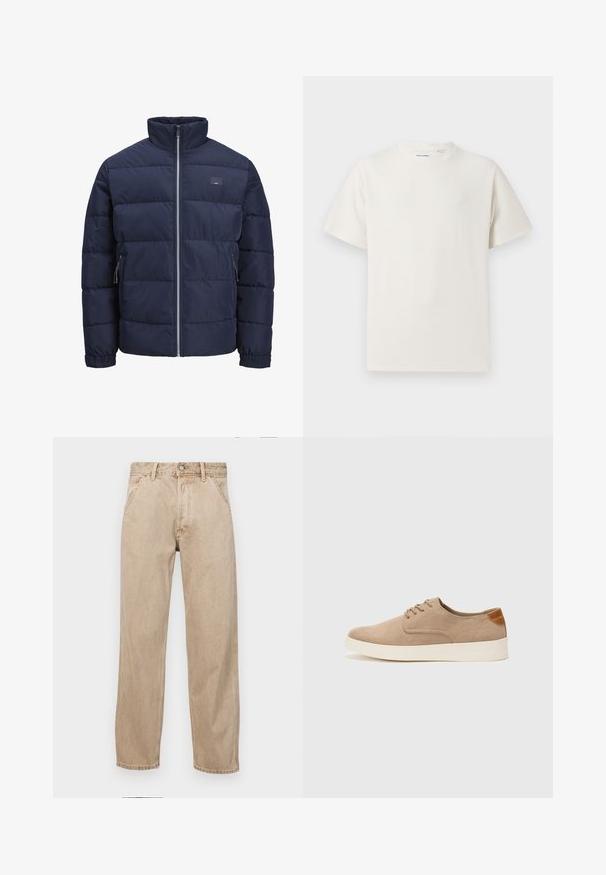 Marineblaue Steppjacke mit hohem Kragen, gequilten Design, frontalem Reißverschluss und zwei mit Reißverschluss versehenen Seitentaschen. Weiche, glatte Textur.; Weißes T-Shirt mit kurzen Ärmeln in gerippter Textur. Runder Ausschnitt, lockere Passform, keine sichtbaren Muster oder Akzente. Einfaches und vielseitiges Design.; Beige Denim-Jeans mit geradem Beinschnitt, ausgestattet mit Vordertaschen, einem Metallknopfverschluss und feiner Textur.; Beige Wildleder-Sneaker mit runder Zehenpartie, Schnürung und strukturiertem Rückenteil. Die weiße Gummisohle sorgt für einen Kontrast. Einfaches und modernes Design.