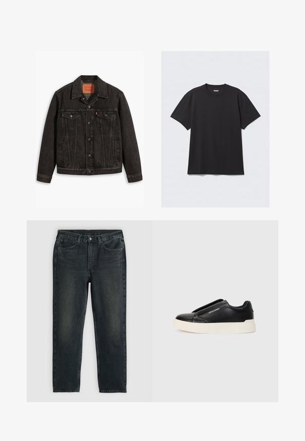 Crna traper jakna klasičnog dizajna, koja ima dva džepa na prsima, zatvaranje na dugme i oštar ovratnik. Teksturisani materijal sa detaljima šivanja.; Crna majica kratkih rukava od pamuka. Ima okrugli izrez i opušteni kroj. Jednostavan dizajn bez vidljivih uzoraka ili akcentskih detalja.; Tamno plavi traperice s ravnim krojem, koje imaju pet džepova, rajsferšlus i kontrastne šavove. Diskretno izbljeđivanje na tkanini.; Crne slip-on tenisice s teksturiranim kožnim gornjištem, bijelim gumeni potplat i bez vidljivih vezica. Sadrži logotip marke sa strane.