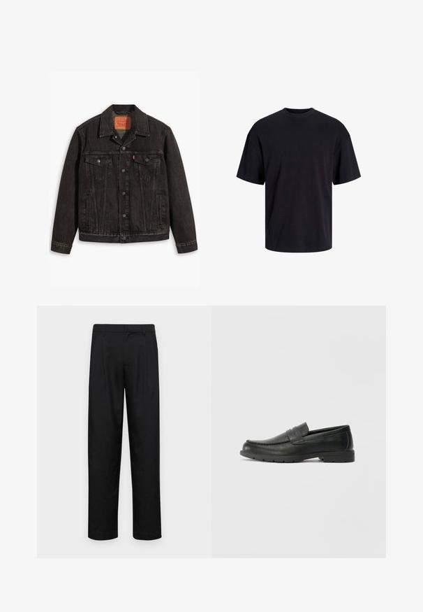 Crna traper jakna klasičnog dizajna, koja ima dva džepa na prsima, zatvaranje na dugme i oštar ovratnik. Teksturisani materijal sa detaljima šivanja.; Crna pamučna majica s okruglim izrezom, kratkim rukavima i opuštenim krojem. Glatka tekstura bez vidljivih uzoraka ili dekoracija.; Crne hlače od glatkog materijala, s dizajnom ravnih nogavica, dva prednja nabora i standardnim pojasom s petljama za remen.; Crne kožne mokasine s glatkom površinom, gornji dio u stilu mokasina, ojačani šavovi i gumeni potplat. Klasičan dizajn s niskom petom.