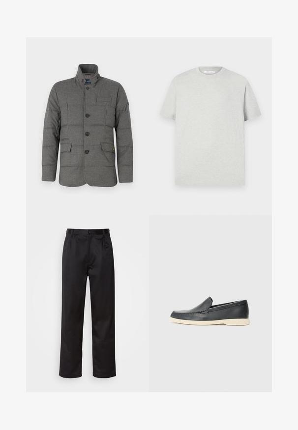 Pelēks pufīgs mētelis ar stāvošu apkakli, pogu aizdari, divām sānu kabatām un augšējo krūšu kabatu. Audumam ir teksturēta virsma.; Gai pelēks īsām piedurknēm T-krekls, izgatavots no mīksta materiāla, ar apaļu kakla izgriezumu un brīvu piegriezumu, bez redzamām rakstām vai akcentiem.; Melnas bikses, kas izgatavotas no gludas auduma, ar priekšējo pogu aizdari, krokām un taisnām kājām. Nav redzamu rakstu vai akcentu.; Melni ādas kurpes, kas valkājas uz slip-on principa, ar teksturētu apdari un kontrastējošu beigu gumijas zoli. Iespējama smalka apdare priekšpusē.