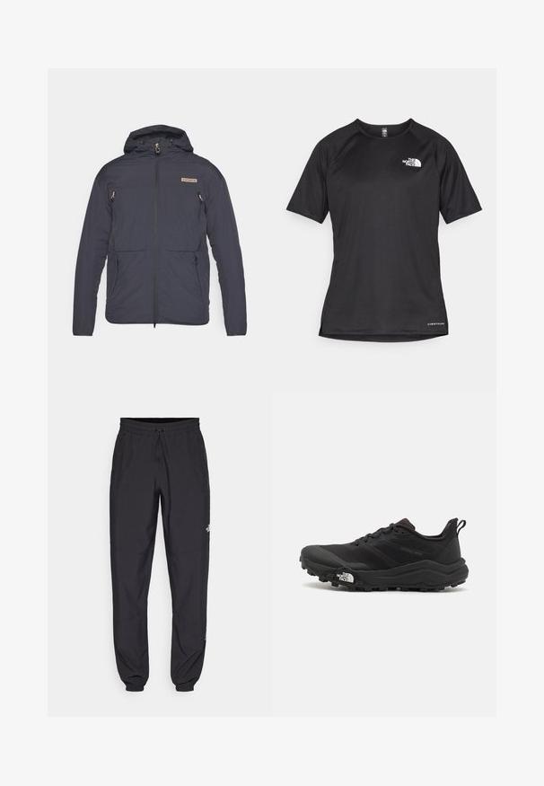 Tamsiai mėlynas lengvas džemperis su gobtuvu, turintis užtrauktuką priekyje, dvi priekinės kišenės ir mažą logotipą ant krūtinės. Audinys su tekstūra.; Juoda trumpa rankovė atletinė marškinė, pagaminta iš tekstūruotos medžiagos, su baltu logotipu kairėje krūtinės pusėje ir tiesiu apdailos kraštu.; Juodos sportinės kelnės, pagamintos iš lengvos medžiagos, su raišteliu liemens srityje, šoniniais kišenėmis ir siaurėjantys apykaklės prie kulkšnies.; Juoda bėgimo batai su tekstūruotu paviršiumi, guma padais ir sustiprinta pirštų dalimi. Yra paminkštinta apykaklė ir kilpos, leidžiančios lengvai užsidėti.