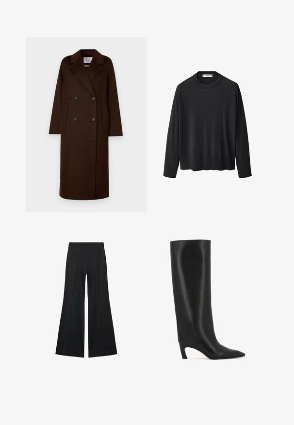 IVY OAK CLARA - Klassischer Mantel - chocolate; Schwarzer Strickpullover mit geripptem Rundhalsausschnitt, langen Ärmeln und geradem Saum. Weicher Textur, minimalistisches Design und vielseitiger Stil.; Schwarze weit geschnittene Hose mit glatter Textur, ausgestattet mit Frontfalten und einem taillierten Design. Der Stoff ist leicht und fließend.; Schwarze kniehohe Lederstiefel mit spitzem Zehen, geschwungenem Absatz, glatter Textur und minimalistischem Design. Keine sichtbaren Beschläge oder Muster.