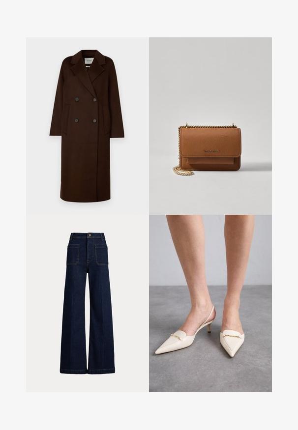 IVY OAK CLARA - Cappotto classico - chocolate; Maglione a collo alto nero realizzato in tessuto a coste. Maniche lunghe, design aderente e orlo leggermente rilassato, senza motivi o accessori visibili.; Jeans in denim scuro a gamba larga con vita alta, design a cinque tasche e cuciture a contrasto. Presentano una chiusura con bottone e una forma strutturata.; Décolleté color crema con punta affusolata e cinturino sul retro, dotate di un tacco medio sottile, caratterizzate da un accentuazione in catena dorata sulla tomaia e una texture in pelle liscia.; Borsa a tracolla in pelle marrone con texture, dotata di catena dorata e chiusura a pattina. Sul davanti presenta un dettaglio con logo e una tasca sotto la pattina.