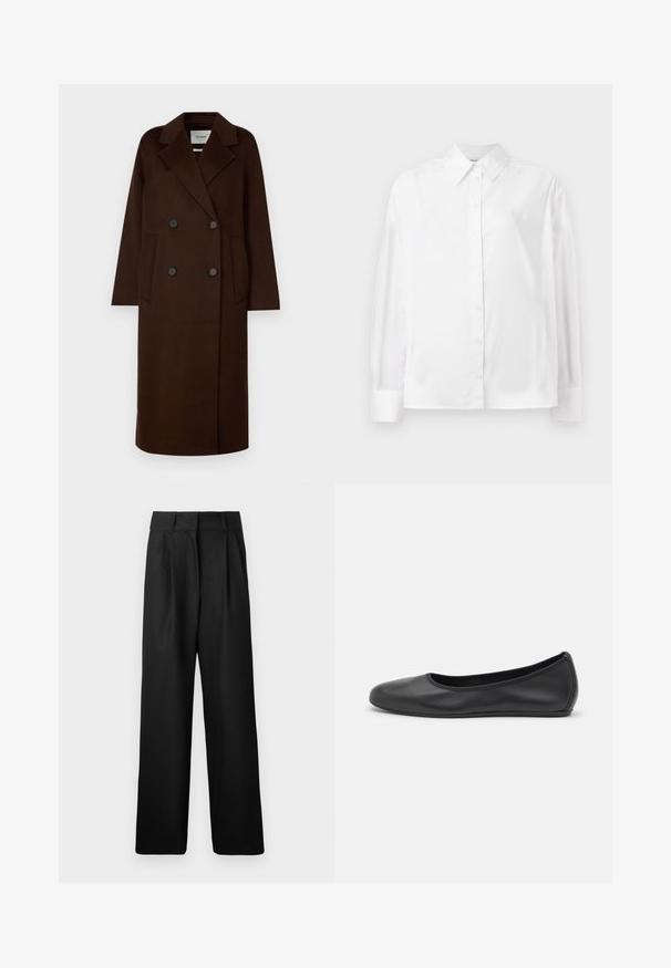 IVY OAK CLARA - Palton clasic - chocolate; Cămașă albă cu mânecă lungă, cu nasturi, confecționată dintr-un amestec de bumbac fin. Include o guler clasic, închidere frontală cu nasturi și manșete rotunjite.; Pantaloni negri cu picioare largi, cu o textură fină, având pliere frontale și un design cu talie înaltă. Realizați dintr-un material ușor.; Balerini din piele neagră, cu vârf rotund, textură netedă, detalii de cusătură minimale și un design al tălpii flexibil.