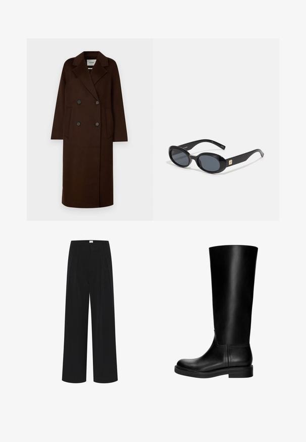 IVY OAK CLARA - Klassisk frakke - chocolate; Brun T-shirt med lange ærmer, lavet af blødt, strækbart materiale, med rund halsudskæring og en afslappet pasform, der har en glat tekstur og minimal detaljer.; Sorte bred ben bukser med høj talje, plisseringer og en glat tekstur. Minimalistisk design uden synlige mønstre eller hardware.; Sorte læderknæhøje støvler med en glat overflade, rund tå, diskret design og en lav blokhæl. Ingen synlig hardware eller mønstre.; Sorte ovale solbriller med mørke linser, glansfuld plastikramme, brede arme og en lille gul accent på den ene side.; Sort læder hobo taske med en blød, buet form. Har en bred toprem og rynker i bunden for en afslappet struktur.