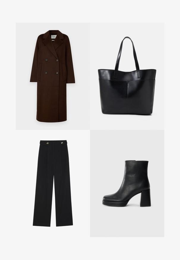 IVY OAK CLARA - Klassischer Mantel - chocolate; Schwarz langärmliges Oberteil mit ausgestellt geschnittenen Bündchen, weicher Textur und entspannter Passform, mit einem schlichten runden Halsausschnitt.; Schwarze weite Hosen mit hoher Taille, Knopfdetails am Bund und vorderen Falten.; Schwarze Leder-Stiefelette mit Blockabsatz und Plattformsohle, seitlich auf einem schlichten weißen Hintergrund betrachtet.; Schwarze Leder-Shopper-Tasche mit zwei langen Griffen, einer glatten Textur und einer strukturierten Form. Verfügt über eine Vordertasche für zusätzlichen Stauraum.