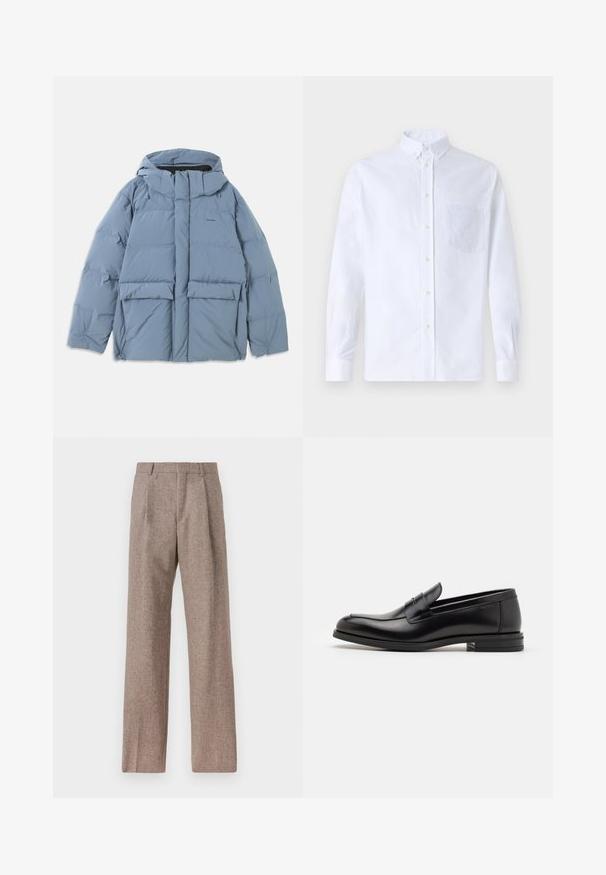 Jachetă puffer de un albastru deschis, cu glugă, având un fermoar frontal, două mari buzunare frontale și o textură netedă, matlasată.; Cămașă albă cu mânecă lungă, din bumbac, prevăzută cu un buzunar pe piept cu broderie tonală, guler și manșete cu buton.; Pantaloni bej, cu talie înaltă, dintr-un material texturat. Prezintă picioare late și două pliseuri frontale pentru structură. Finisaj îngrijit, fără accesorii vizibile.; Mocasini din piele neagră cu o textură netedă, vârf rotund și o curea decorativă peste partea superioară. Toc mic, design minimalist.