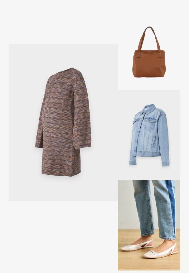 Gai zila džinsa jaka ar klasisku dizainu, kas piedāvā divas krūšu kabatas, priekšpuses pogas un nedaudz īsāku apakšmalu.; Brūna adīta kleita ar zilu un oranžu marmora rakstu, garām piedurknēm, apaļu izgriezumu un brīvu piegriezumu, kas paredzēts komfortam.; Bālti rozā siksniņu dzīvokļi ar smailu purngalu, izgatavoti no gludas ādas līdzīgās materiāla. Iezīmē izgriezumu detaļas sānos un platu papēdi.; Brūna ādas somiņa ar divām izturīgām rokturēm, ar teksturētu virsmu un kontrastējošu melnu dūrienu. Vienkārša taisnstūra forma.