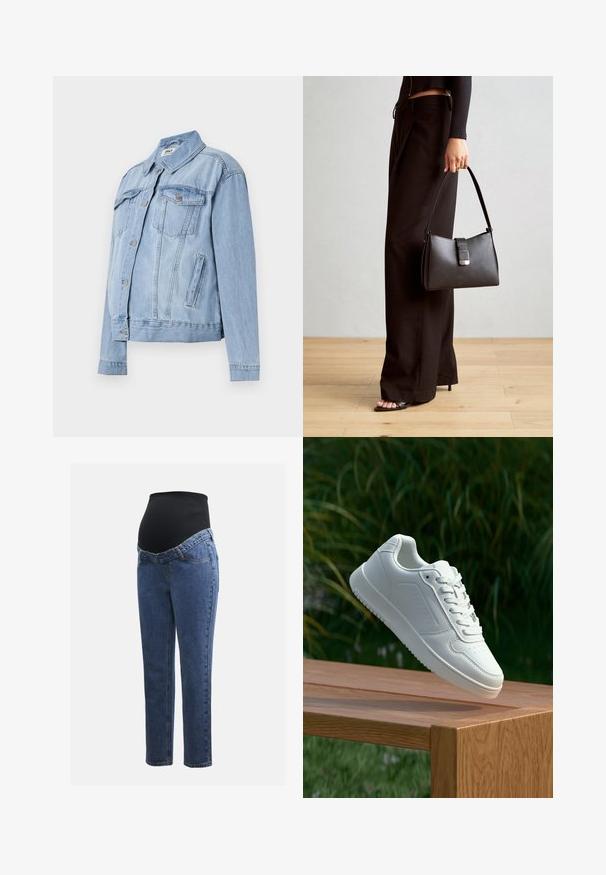 Jasnoniebieska kurtka dżinsowa o klasycznym kroju, z dwoma kieszeniami na piersi, z przodu na guziki oraz lekko skróconym dołem.; Trzy topy ciążowe na ramiączkach w kolorze białym, szarym i czarnym. Elastyczny materiał z regulowanymi ramiączkami i zaszewkami po bokach dla wygody.; Spodnie ciążowe z niebieskimi nogawkami z denimu i czarną elastyczną tablicą brzuszną, zaprojektowane w celu wsparcia i pokrycia rosnącego brzucha.; Biały sneaker z gładką syntetyczną cholewą, perforowanym noskiem, płaskimi sznurowadłami i teksturowaną podeszwą, wyeksponowany na drewnianej powierzchni.; Czarna torebka o usztywnionym kształcie, gładkiej fakturze i metalowym zapięciem. Połączona z szerokimi czarnymi spodniami i sandałami na otwartym palcu na drewnianej podłodze.