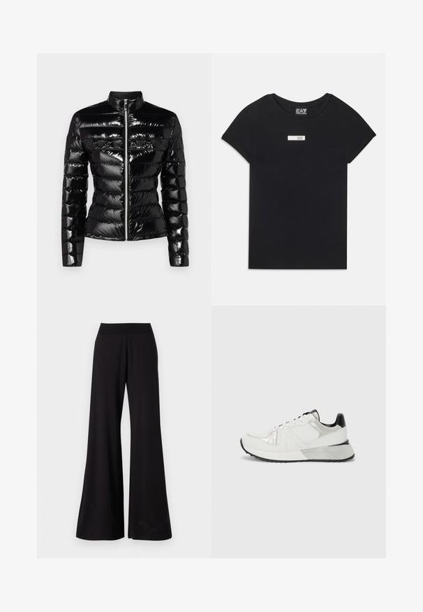 Fekete puffermellény fényes felülettel, cipzáros záródással és vízszintes steppelt mintázattal. Magas nyakkal és díszítő részletekkel rendelkezik.; Fekete, rövid ujjú póló, pamutból készült, fehér, téglalap alakú logóval, amelyen az "EA7" felirat található a mellkas területén.; Fekete, bő szárú nadrág sima anyagból, magas, rugalmas derékkal. A nadrág teljes hosszúságú, és egyszerű, minta nélküli dizájnnal rendelkezik.; Fehér sportcipő hálós és bőrpanelekkel, ezüst díszítésekkel, texturált mintázattal, fekete sarokkal és gumitalppal. Oldalnézet.