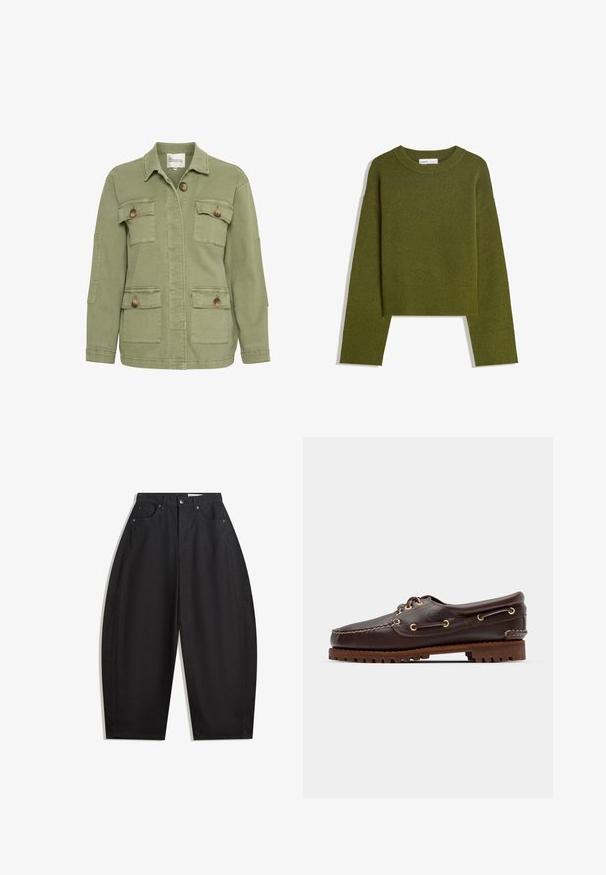 Olivno zelena jakna iz bombažnega materiali, z sprednjim gumbom, štirimi žepi in klasičnim ovratnikom. Teksturna površina tkanine.; Olivno zelena pletena jopica s krojem na okroglo, dolgimi rokavi in ribanim robom. Ima skrajšan dizajn s mehkimi, teksturiranimi zaključki.; Črne široke hlače iz bombaža, ki imajo visok pas, pet žepov in kovinsko gumbasto zapiranje. Gladka tekstura in brez vidnih vzorcev.; Rjave usnjene čolnarske čevlje z zlatimi očesi, okroglicami in teksturiranim rjavim gumijastim podplatom. Ima šivano podrobno obdelavo in dvignjen logotip.