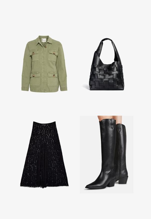 Olivgrön jacka i bomullsblandning med framknäppning, fyra fickor och klassisk krage. Texturerad tygfinish.; Svart, löst sittande V-ringad topp med långa ärmar, gjord av mjukt tyg. Enkel design med rak fåll och inga distinkta mönster eller accenter.; Svart spetskjol med en utsvängd silhuett, prydd med ett texturerat mönster och en slät midja, knälång med ett foder inuti.; Knähöga svarta läderstövlar med spetsig tå, klack med blockform och dekorativ sömnad. Sidskedja och dragflik upptill för enkel påtagning.; Svart lädervävd toteväska med en avslappnad form och bred axelrem. Har en strukturerad, flätad design med en slät yta.
