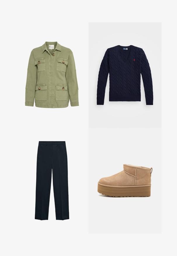 Olive green jacket made of cotton blend, featuring a front button closure, four pockets, and a classic collar. Textured fabric finish.; Navy cable-knit v-neck sweater featuring ribbed cuffs and hem, logo accent on chest, made from textured knit fabric.; Navy blue trousers featuring a straight-leg design, flat front, two side pockets, and a smooth texture. No visible patterns or accents.; Beige suede ankle boots with a plush interior, featuring a platform sole and a pull tab at the back for easy wear. Textured rubber outsole.