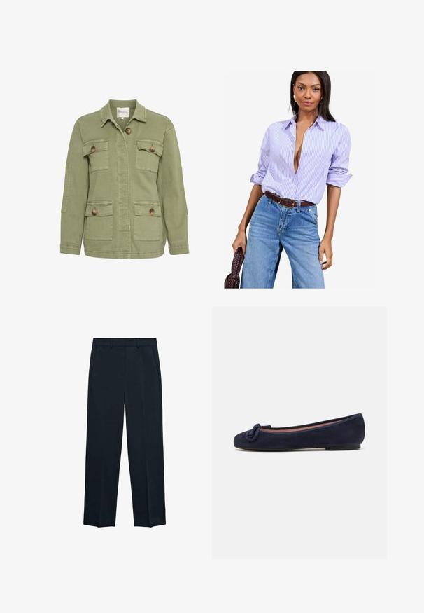 Olivno zelena jakna iz bombažnega materiali, z sprednjim gumbom, štirimi žepi in klasičnim ovratnikom. Teksturna površina tkanine.; Svetlo vijoličasta in bela prugasta srajca s kratkimi rokavi, oblečena s hight-waisted modrimi kavbojkami in rjavim pasom.; Mornarsko modri hlače s ravnim nogavicama, ravnim sprednjim delom, dvema stranskima žepoma in gladko teksturo. Brez vidnih vzorcev ali akcentov.; Mornarsko modri baletni čevelj iz semiša z zaobljenim nosom in zloženim okrasom na nosu. Nizek, fleksibilen podplat za udobje. Enostaven in poenostavljen dizajn.