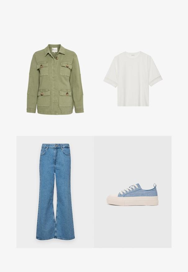 Oliivroheline jope, mis on valmistatud puuvillasegistusest, esiküljel nööpide sulgemisega, nelja taskuga ja klassikalise kraega. Tekstuuriga kangas.; Valge lühikese varrukaga T-särk, mis on valmistatud puuvillast, kaunistatud pitsiga varrukate ääres ja ümmarguse kaelusega.; Heledad sinine flared teksade rõivad, millel on kõrge talje, viis taskut ja üks nupulukk. Pehme tekstuur ja pleekinud viimistlus.; Heledad sinised kangast tennisekingad koorevärvi kummist varbakatte ja taldaga, millel on valged paelad ja tõmblukk kandadel.