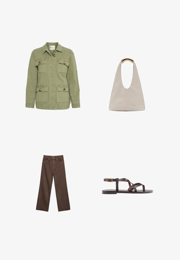 Olivgrön jacka i bomullsblandning med framknäppning, fyra fickor och klassisk krage. Texturerad tygfinish.; Brun kortärmad t-shirt i mjukt tyg, med rund halsringning och avslappnad passform. Inga synliga mönster eller detaljer.; Breda bruna jeans i denim med hög midja, framfickor och klassisk knäppning. Slät textur med subtil sömnad.; Bruna lädersandaler med korsade remmar, spänne runt vristen och en platt sula med minimala sömnadsdetaljer.; Ljusgrå läderväska med en U-formad design och ett böjt metallhandtag. Slät textur med minimal sömnad och inga synliga mönster.
