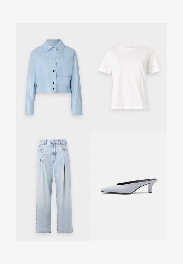 Apskirpta šviesiai mėlyna dirbtinio oda striukė su smailiu apykakle, dviem krūtinės kišenėmis, sidabriniais spaustukais ir ilgomis rankovėmis su mygtukais.; Balta medvilninė marškinėliai trumpomis rankovėmis, su apvalia iškirpte ir laisvu siluetu. Lygi tekstūra, be raštų ar akcentų, minimalistinis dizainas.; Šviesiai mėlyni džinsai su aukštu liemeniu, plačiomis kojomis, dviem šoninėmis kišenėmis ir raukinių dizainu. Minkšta tekstūra su nudilusia apdaila.; Šviesiai mėlynos patentinės odos mules su smailiu priekiu, žemu permatomu kulnu ir stilingu dizainu, turinčiu išpjovą priekyje.