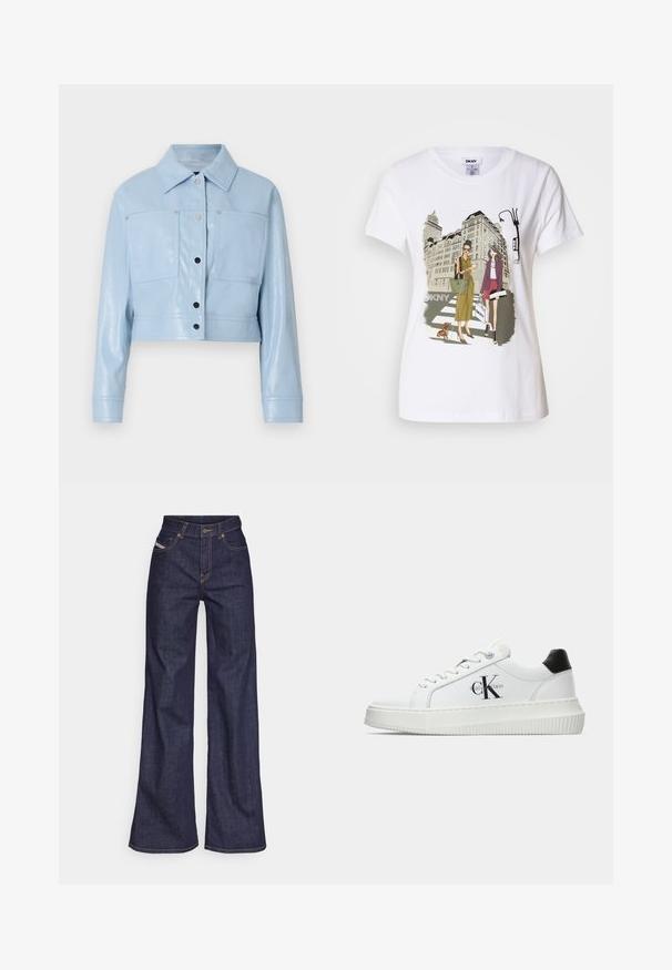 Apskirpta šviesiai mėlyna dirbtinio oda striukė su smailiu apykakle, dviem krūtinės kišenėmis, sidabriniais spaustukais ir ilgomis rankovėmis su mygtukais.; Baltos medvilnės marškinėliai su spausdinta iliustracija, kurioje pavaizduotos dvi moterys urbanistiniais mados stiliais su šunimi perėjimo zonoje ir miesto pastatai.; Tamsiai mėlynos plačios kojų džinsinės kelnės iš denimo audinio su aukštu liemeniu, su oranžinėmis siūlėmis, penkių kišenių dizainu ir sagčių užsegimu.; Balti žemakulniai bateliai su juodu kulno dangteliu, platformos padu, raišteliais ir Calvin Klein "CK" logotipu šone.