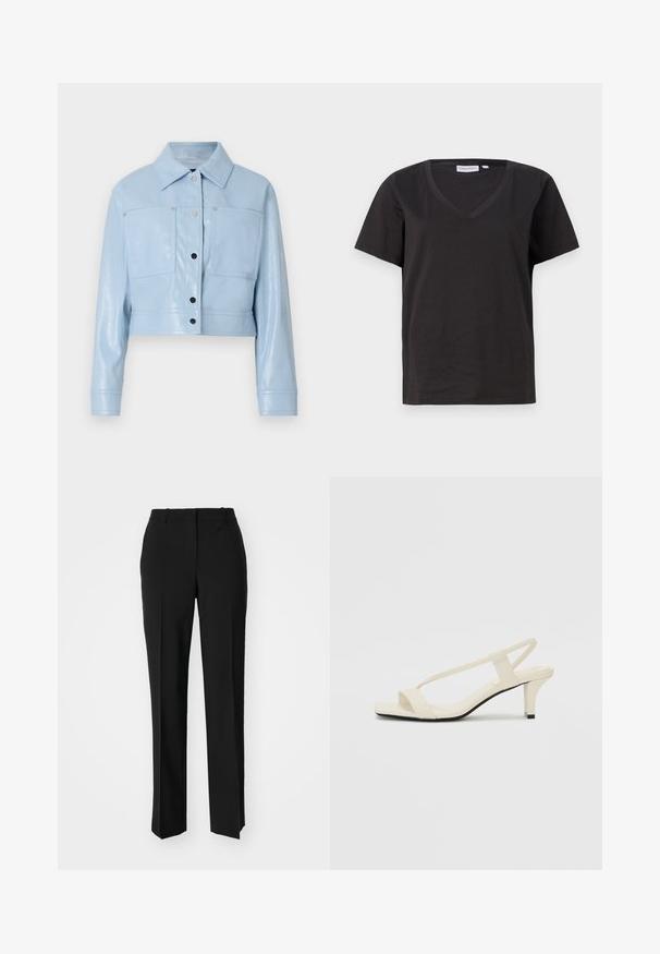 Kuttet lyseblå kunstskinnjakke med spiss krage, to brystlommer, sølvfargede trykknapper og lange ermer med knappede mansjetter.; Svart bomull T-skjorte med V-hals og korte ermer. Enkel design med vanlig passform og uten mønstre eller detaljer.; Sorte skreddersydde bukser med rett silhuett, med en glatt tekstur og klare pressede bretter foran. Ingen synlig maskinvare.; Beige blokk-høydesandaler med tynne stropper og firkantet tå. Glatt materiale med minimale detaljer, designet for enkel bruk.