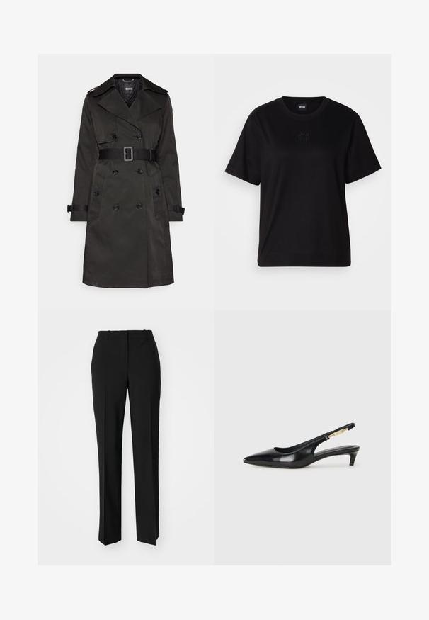 Sötétzöld trench coat, dupla gombolású kialakítással, vállapokkal, övvel a deréknál és két elülső zsebbel. Sima szövetfelület.; Fekete pamut póló kerek nyakkivágással, rövid ujjakkal és hímzett logóval a mellkasán. Egyszerű, laza szabás, minta nélkül.; Fekete, testhezálló nadrág egyenes szárú kivitelben, sima textúrával és éles redőkkel az elején. Nincs látható fémalkatrész.; Fekete bőr slingback magassarkúk, hegyes orral, vékony sarkakkal és arany színű részlettel a állítható pánton. Simа felület.