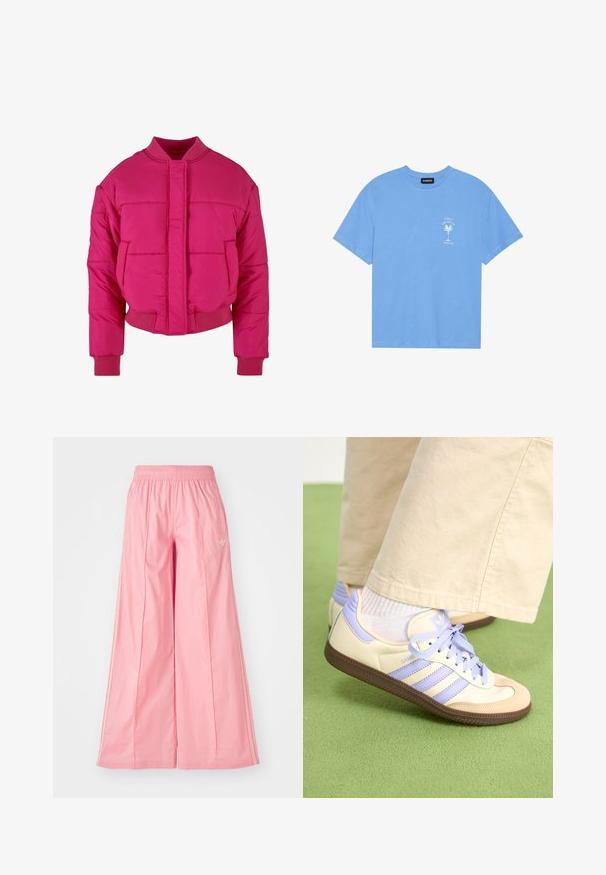 Fuchsia cropped pufferjack met een ronde hals, ribbelmanchetten en een sluiting aan de voorkant. Beschikt over gequiltte panelen en een gladde textuur.; Lichtblauwe katoenen T-shirt met een ronde hals. Heeft een witte graphic van een palmboom en tekst op de linkerkant van de borst. Korte mouwen.; Roze wijde broeken gemaakt van lichtgewicht stof, met een elastische tailleband en subtiele witte streepjes aan de zijkanten. Klein logo aan de voorkant.; Crème- en lavendel-sneakers met drie strepen en een gestructureerde bruine zool, voorzien van veters en een gewatteerde hiel. Zachte stoffen bovenkant.