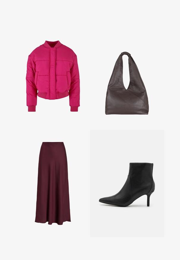 Svijetlo ružičasta skraćena puffer jakna s okruglim ovratnikom, rebrastim rukavima i prednjim zatvaranjem. Ima kviltane panele i glatku teksturu.; Bijela kratka majica s kratkim rukavima od pamuka, s okruglim izrezom i ležernim krojem. Glatka tekstura bez vidljivih uzoraka ili ukrasa.; Bordo saten maxi suknja s glatkom teksturom, visokim strukom i lepršavim siluetom koja se blago širi prema rubu.; Anna Field Gležnjače - black; Smeđa kožna torba s opuštenim, prevelikim dizajnom. Ima ručku s petljom i dubokim V-izrezom za lakši pristup. Mekana tekstura, minimalistički stil.