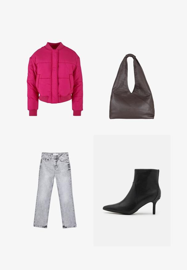 Jasně růžová zkrácená péřová bunda s kulatým výstřihem, ribkovanými manžetami a předním zapínáním. Obsahuje prošívané panely a hladkou texturu.; Bílý krátký rukáv tričko vyrobené z bavlny s kulatým výstřihem a volným střih. Hladká textura a žádné viditelné vzory nebo ozdoby.; Šedé džíny z denimu se střihy rovnými nohavicemi, s poškozenou úpravou, pěti kapsami a měděnými nýtky. Pasová část obsahuje logo štítek.; Anna Field Kotníková obuv - black; Hnědá kožená taška s uvolněným, přeplněným designem. Disponuje smyčkovou rukojetí a hlubokým V-výřezem pro snadný přístup. Měkká textura, minimalistický styl.