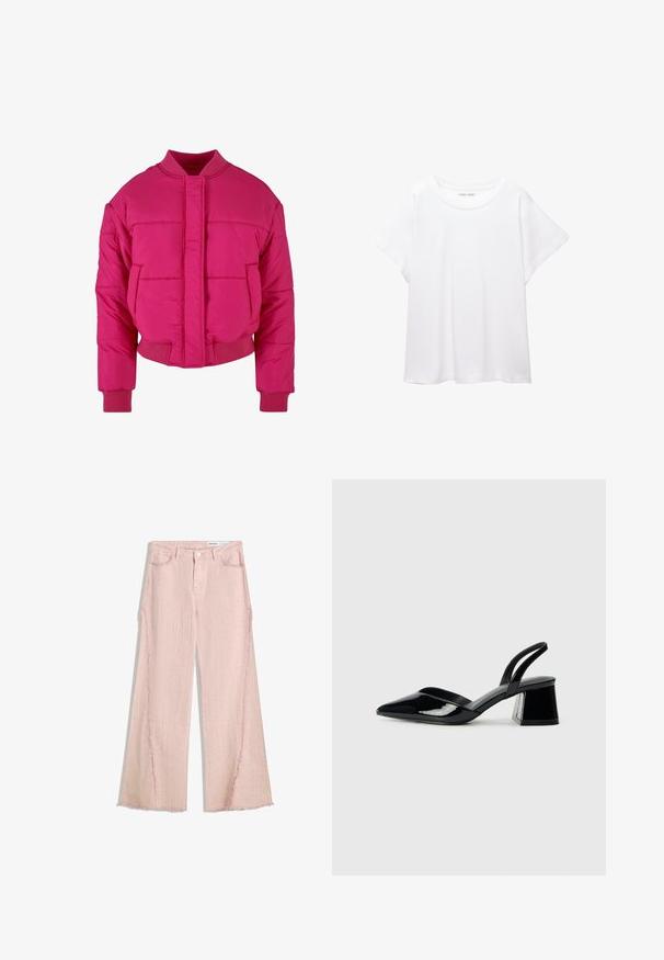 Svetlo ružová skrátená puffová bunda s okrúhlym výstrihom, rebrovanými manžetami a predným zapínaním. Obsahuje prešívané panely a hladkú textúru.; Biele tričko vyrobené z mäkkého, ľahkého materiálu. Má okrúhly výstrih a krátke, široké rukávy s uvoľneným strihom. Bez viditeľných vzorov.; Svetloružové široké džínsy s textúrovaným povrchom, strapcovým lemom a dizajnom s piatimi vreckami. Obsahuje zapínanie na gombík a pútka na opasok.; Čierne lakované kožené sandálové podpätky s špicatou špičkou a geometrickým blokovým podpätkom. Disponujú elegantným, minimalistickým dizajnom a hladkým povrchom.