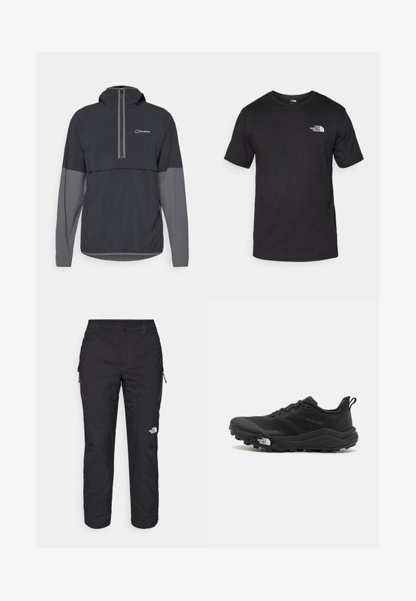Pulóverová bunda v tmavo šedej farbe s svetlejším šedými akcentmi. Má zipsovú prednú vrecko, nastaviteľnú kapucňu a elastické manžety. Ľahký materiál.; Čierne tričko s krátkym rukávom vyrobené z bavlny, s okrúhlym výstrihom a malým bielym logom na hornej ľavej strane hrude.; The North Face WINTER EXPLORATION TAPERED CARGO - Outdoorové nohavice - black; Čierne trailové behacie topánky s štruktúrovaným zvrškom, gumovou podrážkou a vystuženou špičkou. Obsahuje polstrovaný golier a úchyt na jednoduché obúvanie.