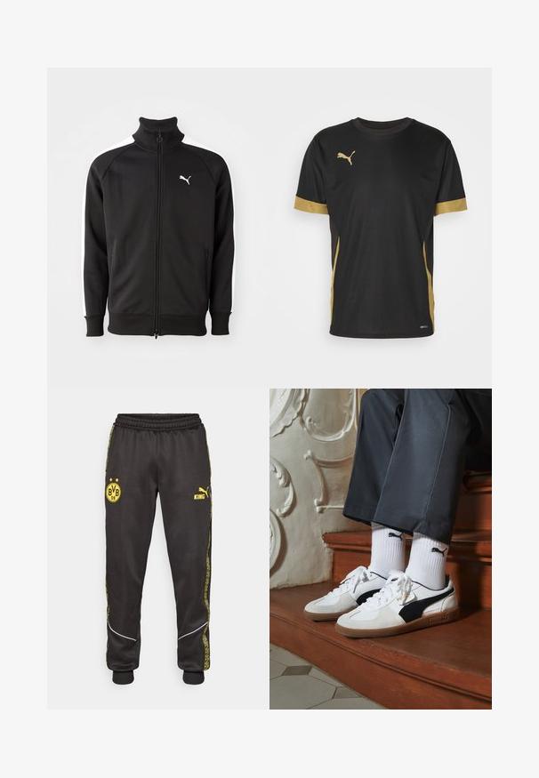 Schwarze Zip-Jacke aus glattem Stoff, mit weißen Seitenstreifen und hohem Kragen, versehen mit einem kleinen weißen Puma-Logo auf der Brust.; Schwarzes Sport-T-Shirt mit goldenen Akzenten an denÄrmeln und an der Seite. Verfügt über einen Rundhalsausschnitt, kurze Ärmel und feuchtigkeitsableitendes DRYCELL-Gewebe.; Schwarze Sporthose mit gelben Borussia Dortmund BVB 09- und Puma King-Logos, elastischem Bund und gemusterten gelben Seiteneinsätzen.; Puma-Sneaker aus weißem und schwarzem Wildleder mit einer braunen Gummisohle. Kombiniert mit weißen Socken, die ein schwarzes Logo zeigen, getragen zu dunklen Hosen.