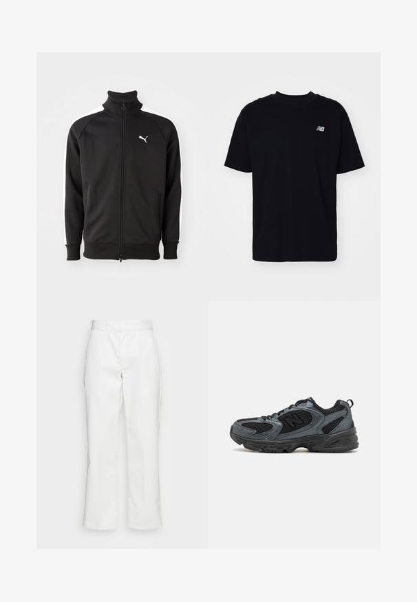 Juodas užtraukiamas džemperis iš lygaus audinio, turintis baltas šonines juosteles ir aukštą apykaklę, su mažuoju baltu Puma logotipu ant krūtinės.; Juodas medvilnės marškinėliai su apvaliu kaklu, trumpomis rankovėmis ir mažuoju iškilniu logotipu kairiajame krūtinės šone. Klasikinis siluetas ir glotni tekstūra.; Baltos medvilnės kelnes su tiesių kojų dizainu, diržo kilpomis ir šoninėmis kišenėmis, turinčios lygią tekstūrą ir minimalų dekoravimą.; Juodi ir pilki sportiniai bateliai su tekstūruoto tinklo viršumi, guminiais padais ir palaikančia konstrukcija. Yra logotipas ir raištelių sistema.