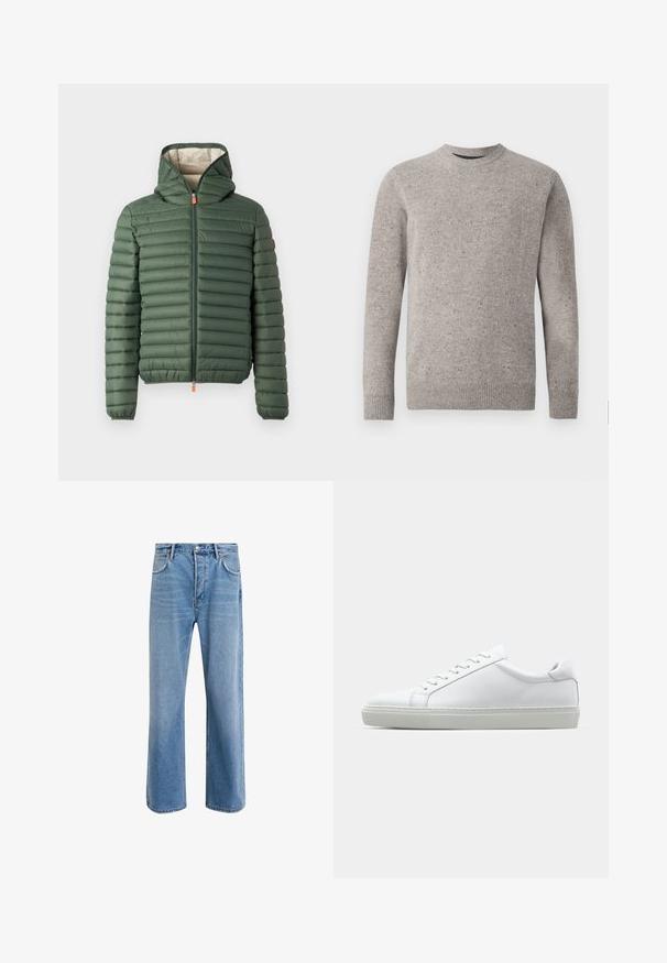 Green puffer jacket with hood, featuring quilted design, zip front closure, and elastic cuffs. Interior lined with cream fabric, orange zipper pull.; Light gray knitted sweater with a crew neckline, long sleeves, and ribbed cuffs and hem. Textured pattern with flecks of color.; Light blue denim jeans with a straight-leg design, five pockets, button closure, minimal fading, and contrasting stitching details.; White sneaker with a smooth leather upper and a low profile. Features a rounded toe, six eyelets, and a textured rubber sole.